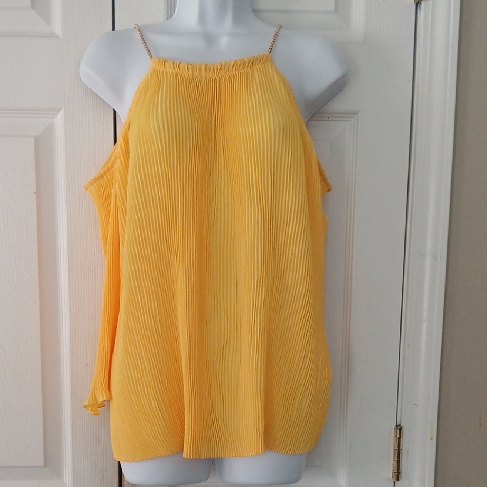 Thalia Sodi Yellow Pleated Women's Cold Shoulder Blouse Sz M NWOT